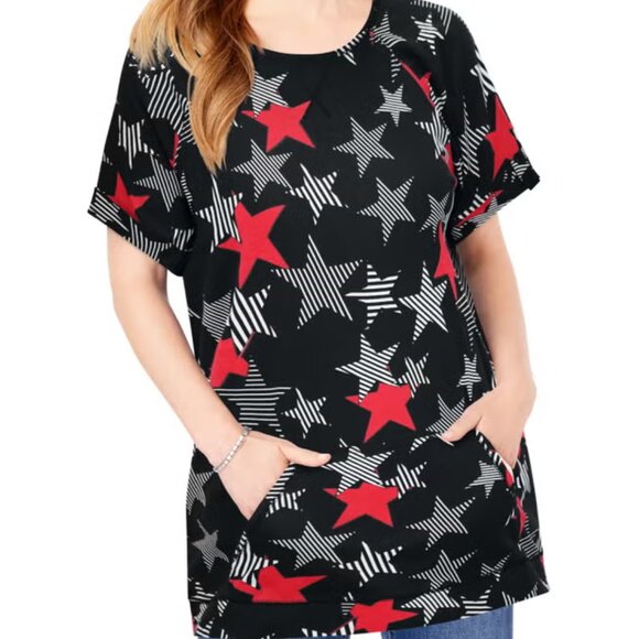 NEW Woman Within black white red star kangaroo pocket tunic 1X 22 24 2X - Picture 1 of 3
